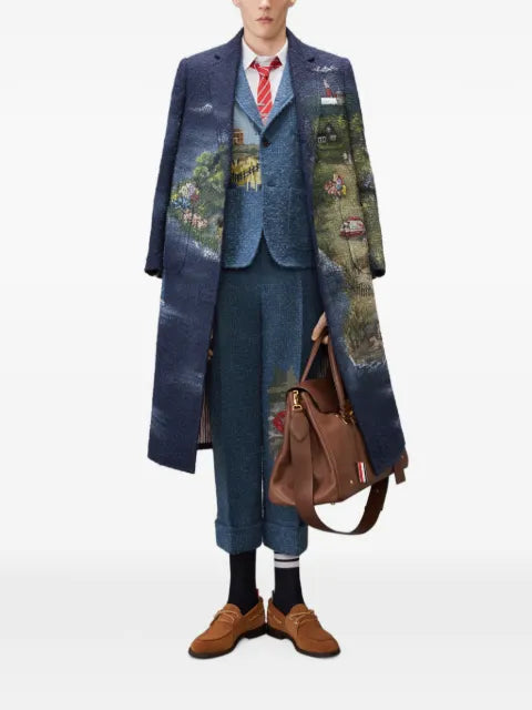 Thom Browne buckle tweed scenic lighthouse embroidery sportcoat