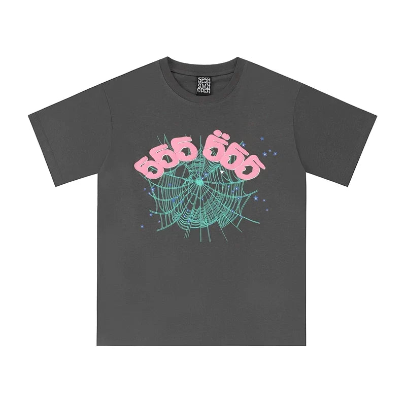 Sp5der 555 555 Teal Web & Pink Numbers Graphic Charcoal Grey Short Sleeve T-Shirt