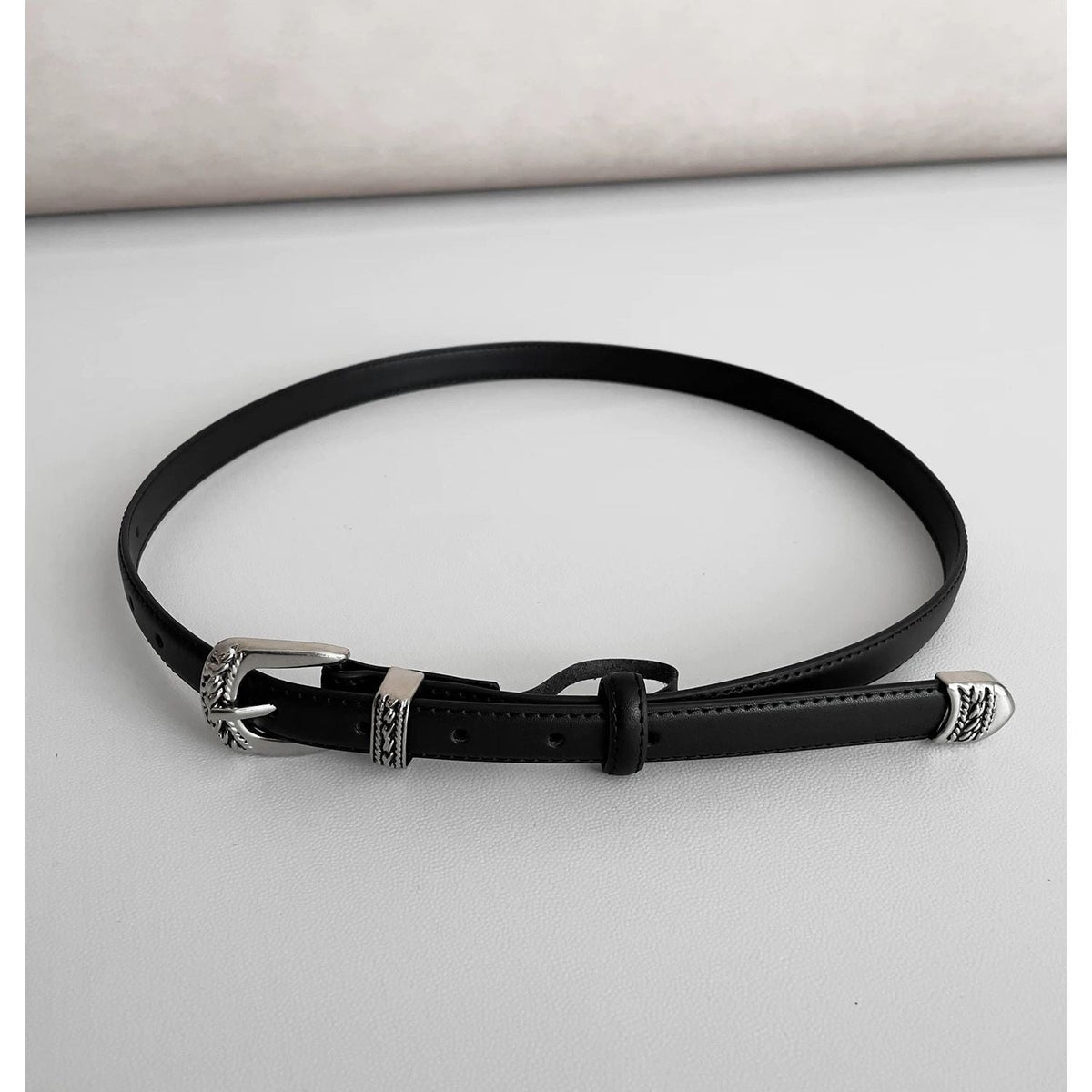 Vintage Leather Belt Silver Metal Buckle Western Waist Belt