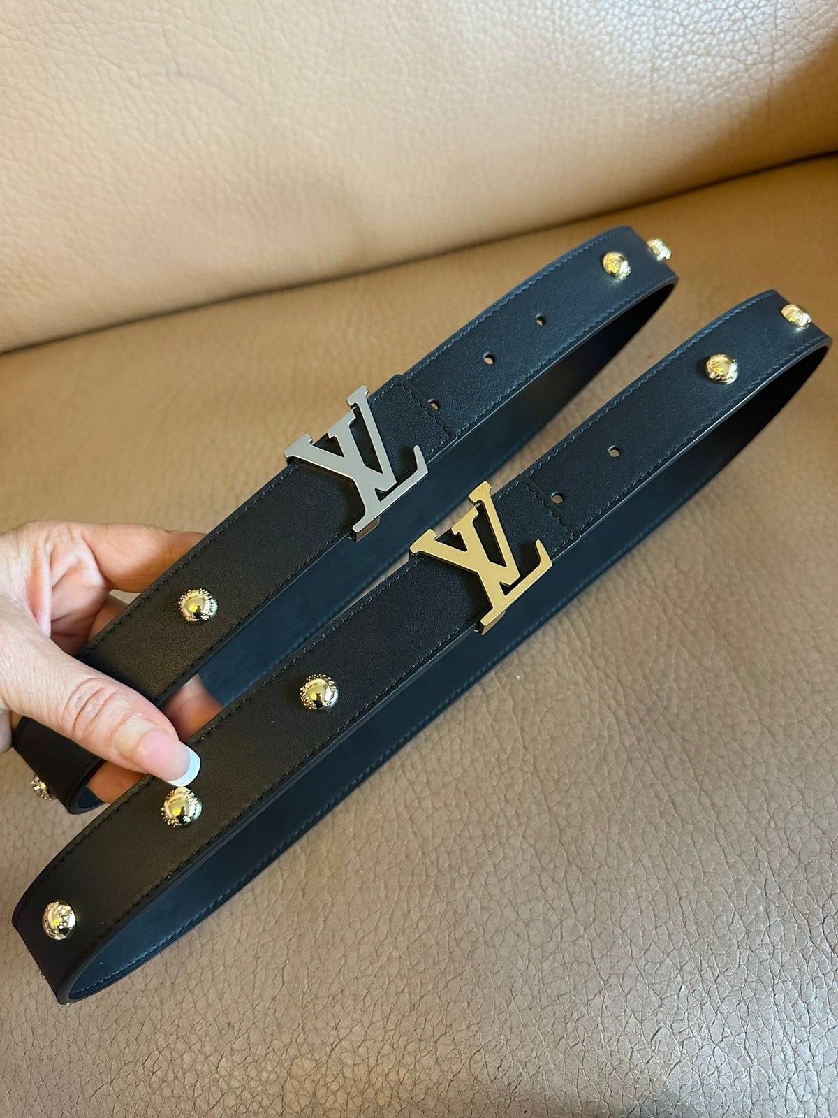 LOUIS VUITTON LV Initiales Studs 30mm Reversible Belt Silver Buckle Black Leather