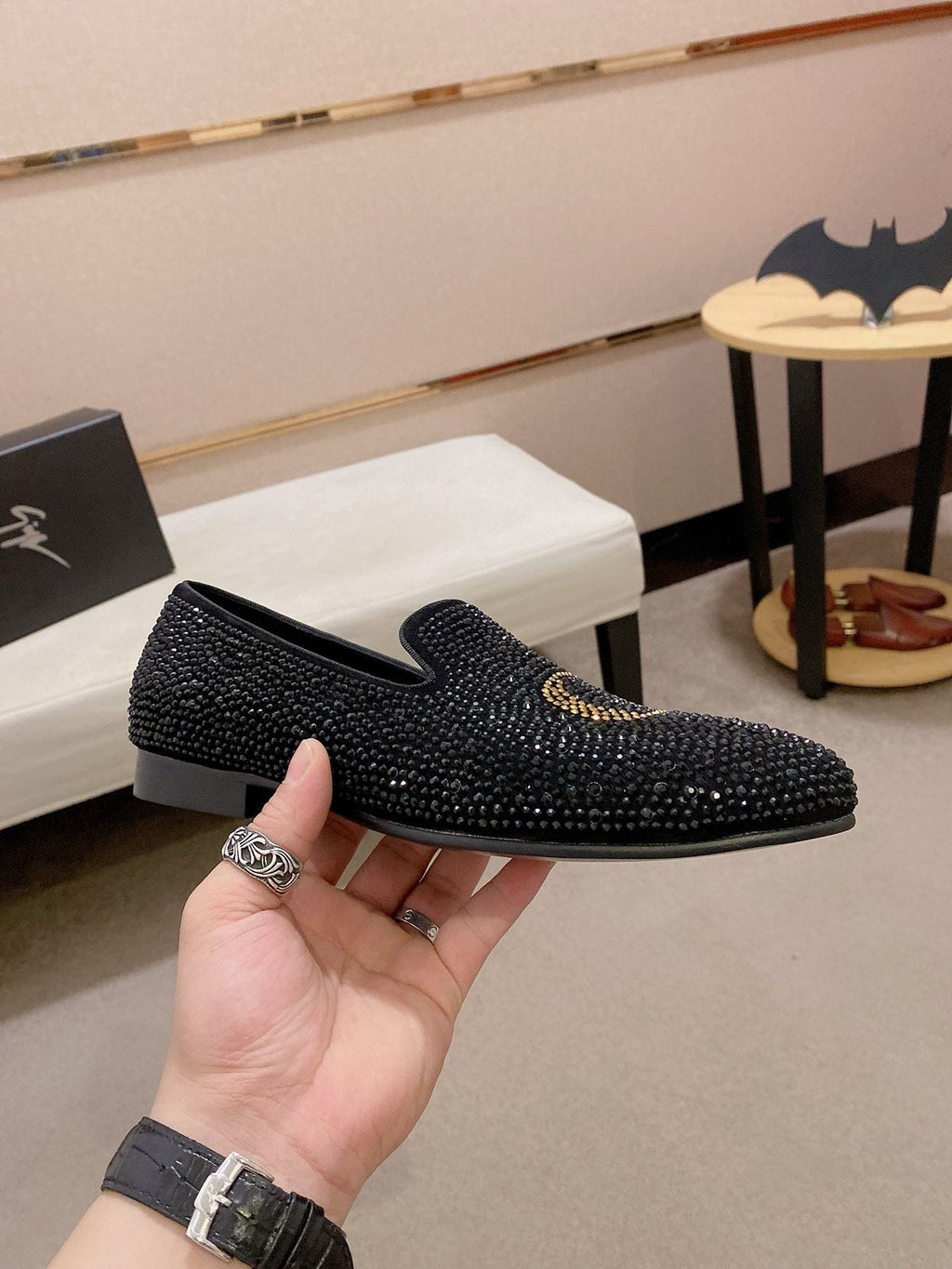 Giuseppe Zanotti Men's Black Studded Gold Accent Loafers