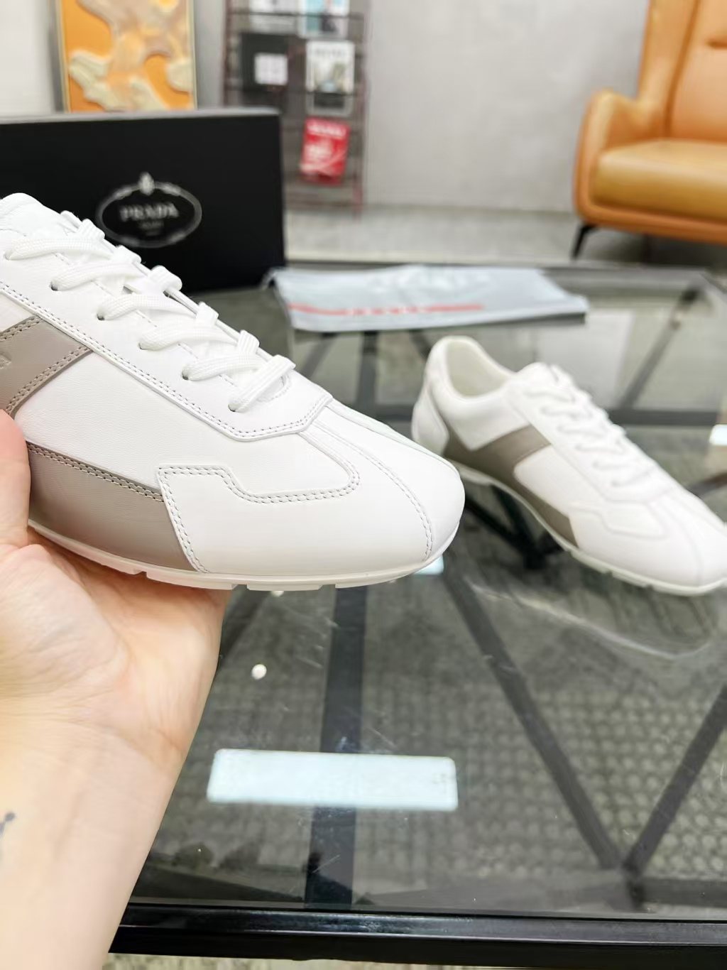 Prada Men's White and Taupe Low-Top Sneakers
