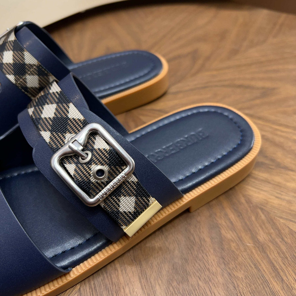 Burberry Plaid Buckle Slide Sandals - Flat Sole