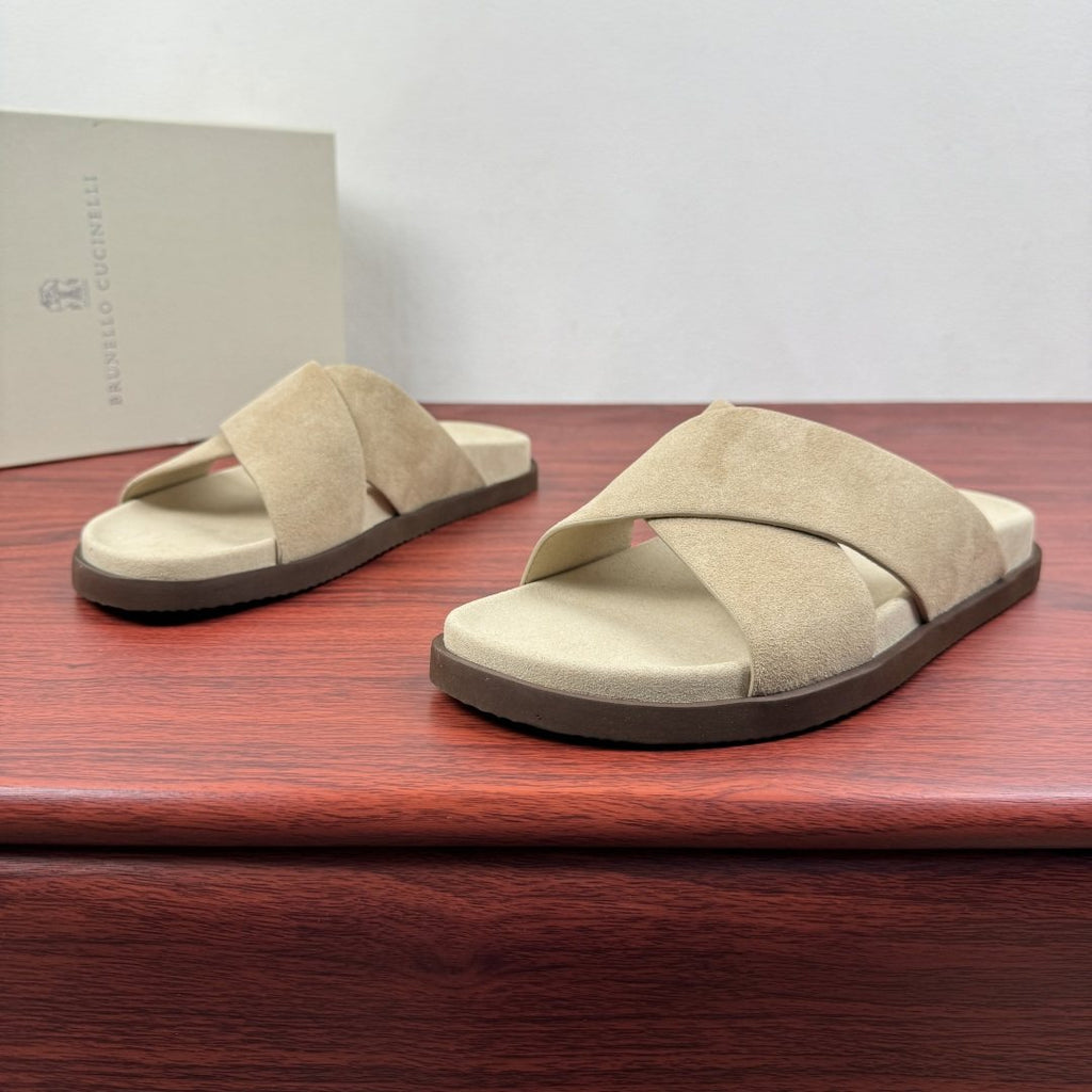 Brunello Cucinelli Men's Cross-Strap Slide Sandals - Low-Profile Dark Sole